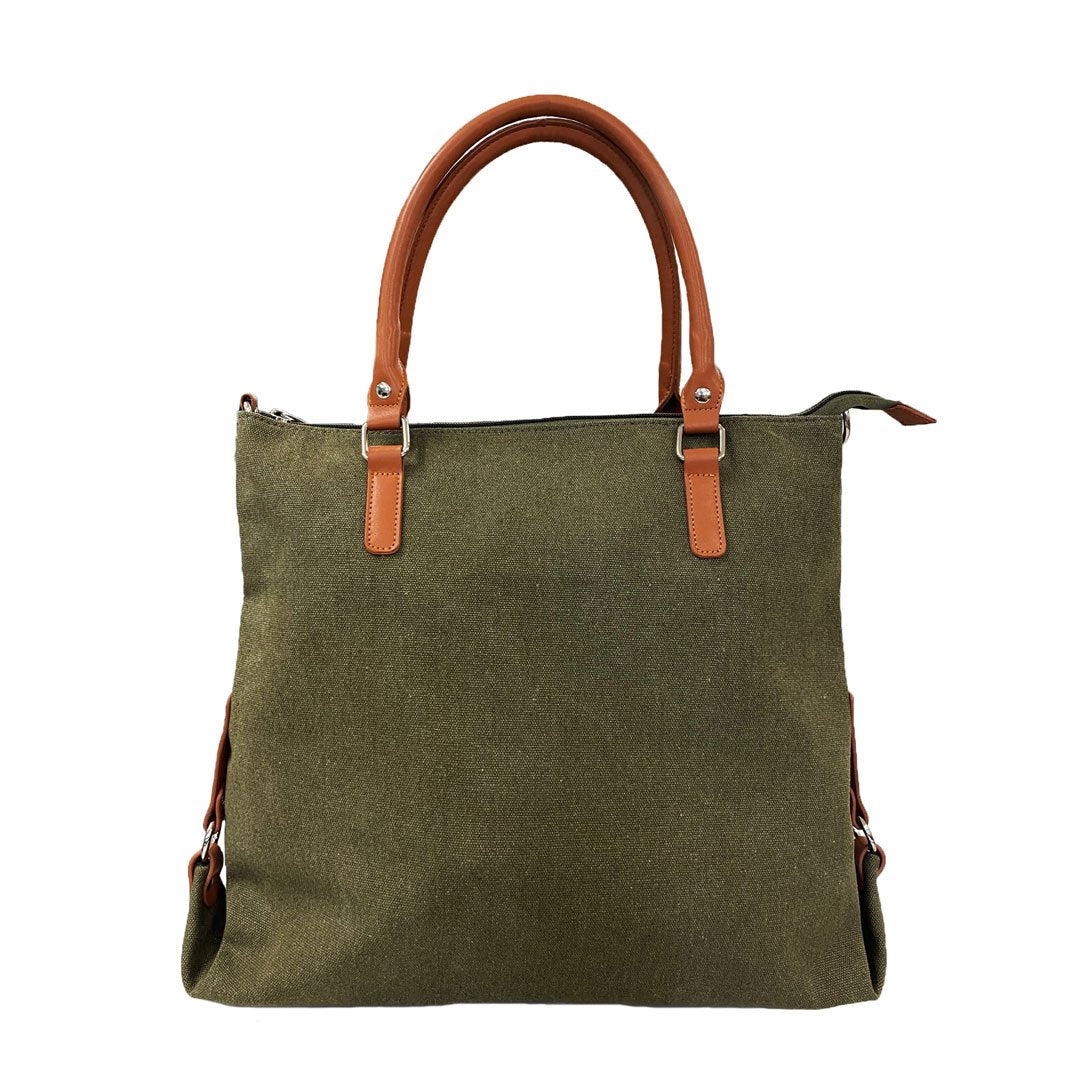 Minkara Olive Green Canvas Handbag Genuine Leather Stra